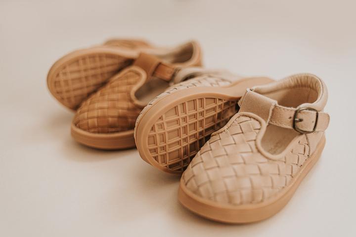 Leather Baby Shoes Woven T-Bar- 'Stone'- Hard Sole