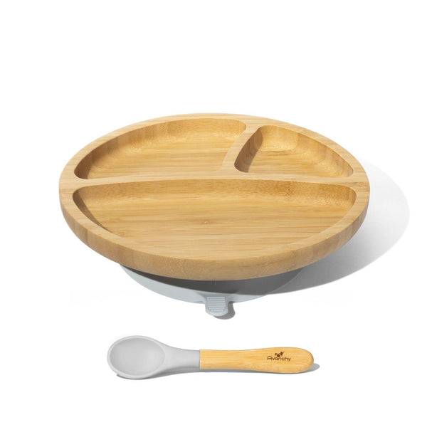 Bamboo Suction Toddler  Plate and Spoon - Grey