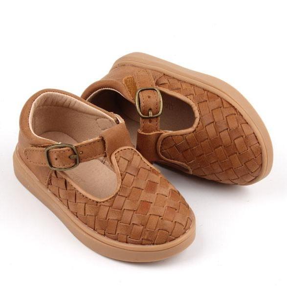 Leather Woven T-Bar- 'Walnut'- Hard Sole