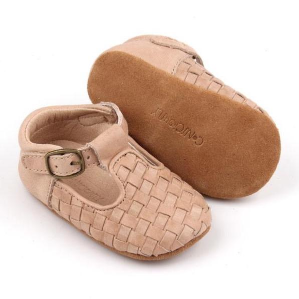 Leather Baby Shoes Woven T-Bar- 'Stone'- Soft Sole