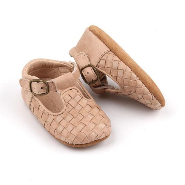 Leather Baby Shoes Woven T-Bar- 'Stone'- Soft Sole