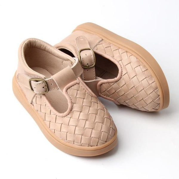 Leather Baby Shoes Woven T-Bar- 'Stone'- Hard Sole