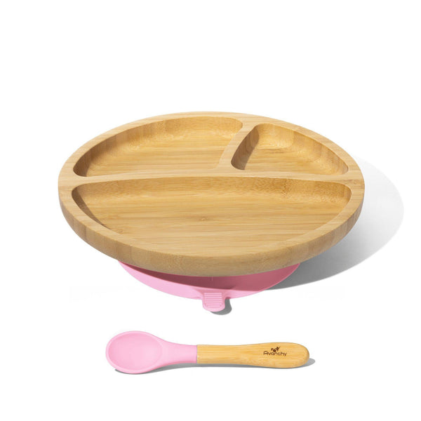 Bamboo Suction Toddler  Plate and Spoon - Pink