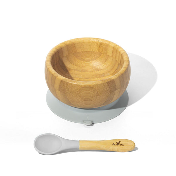 Bamboo Suction Baby Bowl and Spoon - Grey